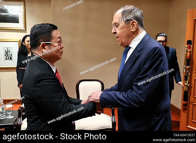 INDONESIA, JAKARTA - JULY 12, 2023: Russia's Foreign Minister Sergei Lavrov (R) and Secretary-General of the Association of Southeast Asian Nations (ASEAN) Kao...