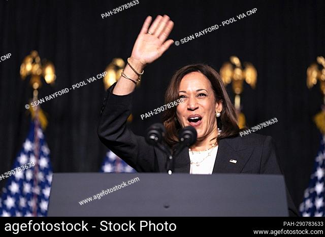 United States Vice President Kamala Harris waves to the crowd during the South Carolina Democratic Party Blue Palmetto Dinner in Columbia