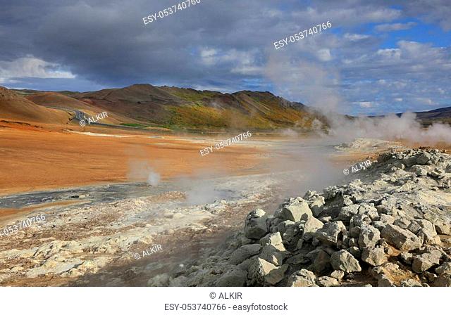 Steaming fumaroles in geothermal valley Hverir Namafjall in Iceland