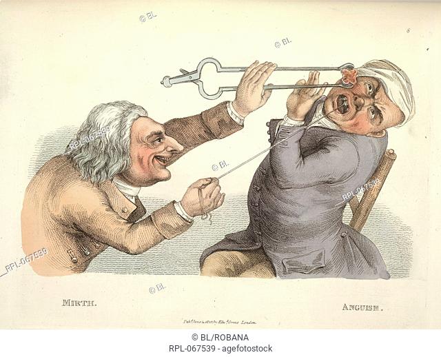 Mirth and anguish, One man trying to extract the tooth of another. Image taken from The Passions humourously delineated, by Timothy Bobbin, Esq