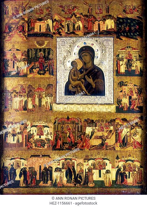 Icon of Mary the Mother of God, Russian, 17th century. The main picture of the Virgin and Child is surrounded by 21 illustrations of her life and of people...