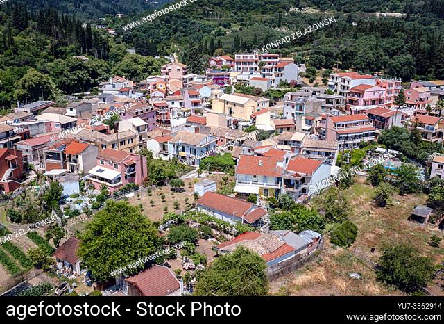 Aerial view of Benitses, small village on a east shore of Greek Island of Corfu