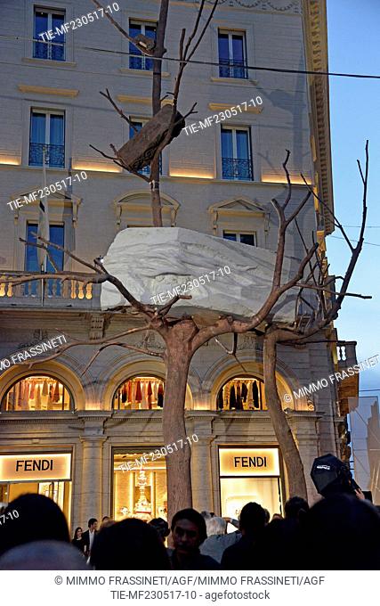 Maison Fendi makes homage to Rome donating the artwork 'Foglie di Pietra' by Giuseppe Penone, Largo Goldoni, Rome, ITALY-22-05-2017