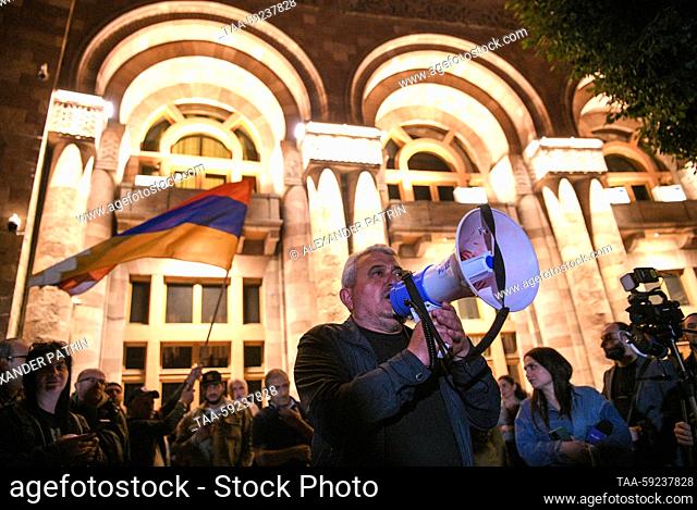 ARMENIA, YEREVAN - MAY 20, 2023: People stage a protest outside the offices of the Armenian Government. The protest is attended by parents of those killed in...