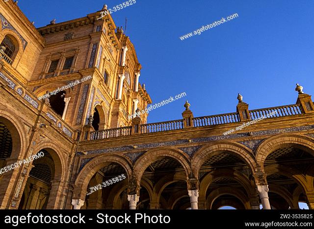 A spectacular view of plaza de espana at dusk. Seville, Andalusia. Spain