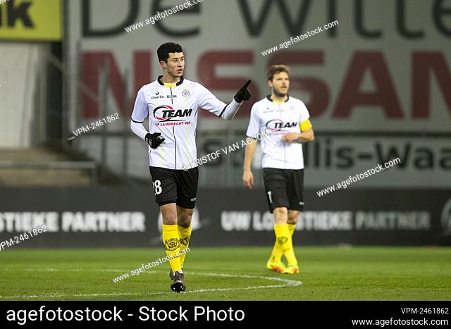 Lokeren's Amine Benchaib celebrates after scoring during a soccer game between Sporting Lokeren and OH Leuven, Friday 24 January 2020 in Lokeren