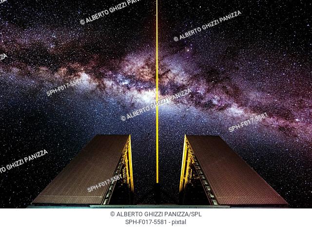 Laser outside the UT4 telescope at the Paranal ESO observatory with the milkyway in the background. Chile