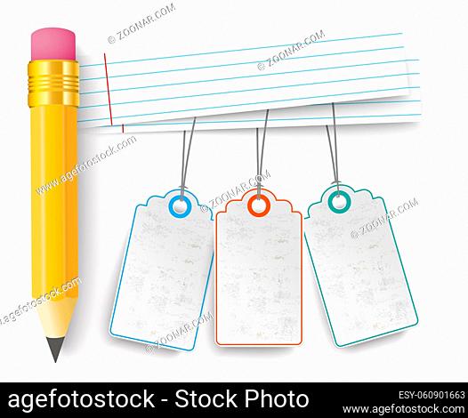 Pencil with school paper banners and 3 price stickers. Eps 10 vector file