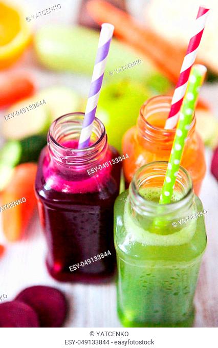 Various Freshly Squeezed Vegetable Juices for Detox Diet, selective focus