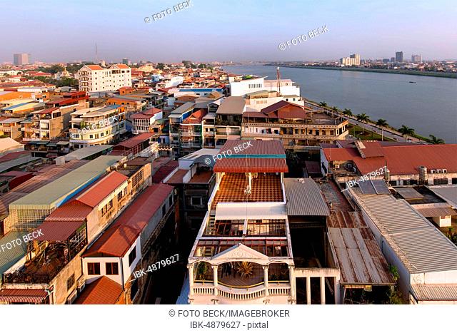 Panorama from Grand Waterfront Hotel on Riverside, view of Tonle Sap River, Phnom Penh, Cambodia