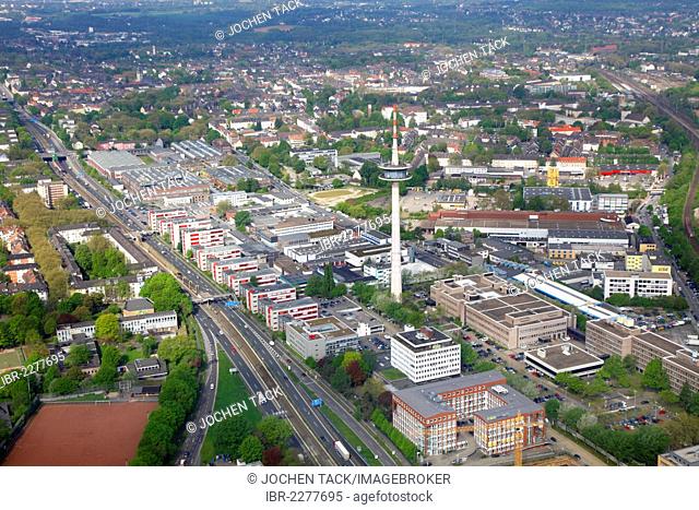 ETEC technology center, on the A40 highway, Telekom telecommunications tower, Essen, North Rhine-Westphalia, Germany, Europe