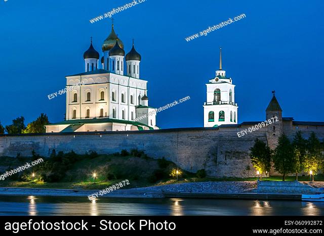 View of Krom (Kremlin) with the Trinity Cathedral in evening, Pskov, Russia