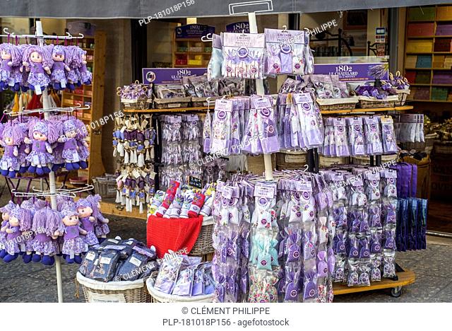 Souvenir shop selling lavender products like aromatic bags and dolls in the city Avignon, Vaucluse, Provence-Alpes-Côte d'Azur, France