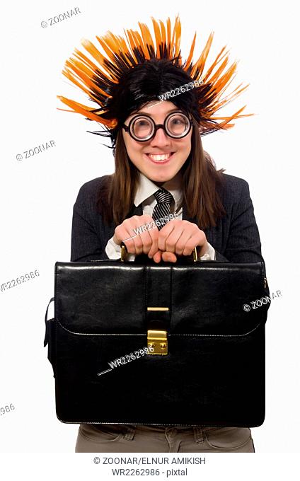 Funny businesswoman in business concept on white