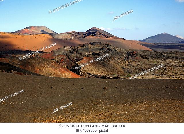 Fire Mountains, Montañas del Fuego, Timanfaya National Park, volcanic landscape in the evening light, Lanzarote, Canary Islands, Spain