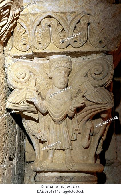 Capital with reliefs, Monastery of St Zoilus, at sunset, Carrion de los Condes, Castile and Leon, Spain, 9th-16th century