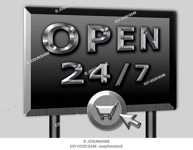 3D Online web shopping cart sign open 24 - 7 in brushed metal