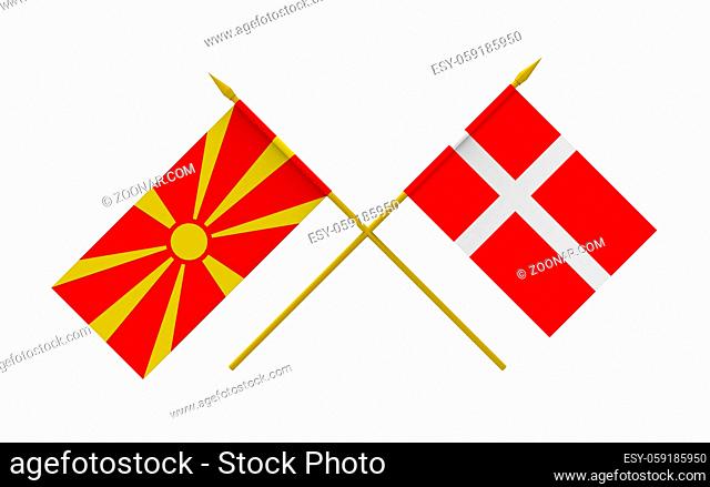 Flags of Denmark and Macedonia, 3d render, isolated on white