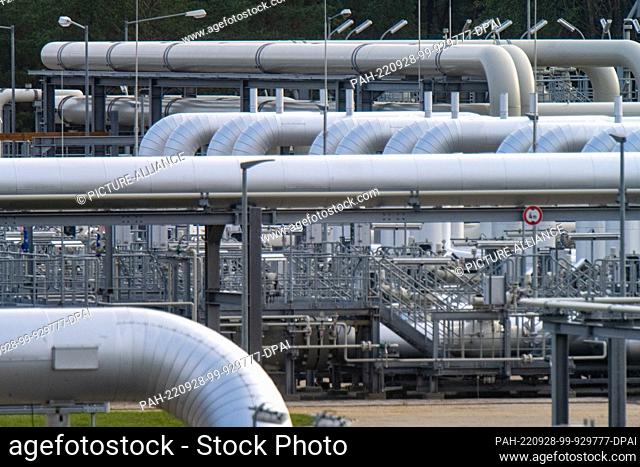28 September 2022, Mecklenburg-Western Pomerania, Lubmin: Pipe systems and shut-off devices at the gas receiving station of the Nord Stream 2 Baltic Sea...
