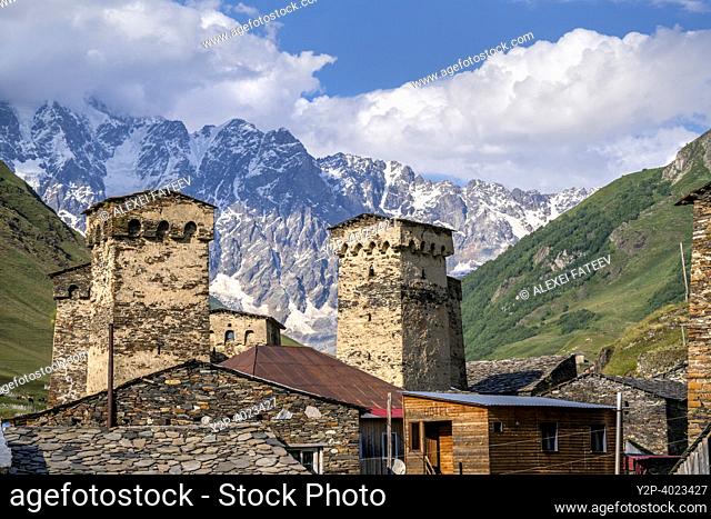 Chazhashi village in Ushguli community, Upper Svaneti, Georgia. UNESCO world heritage site
