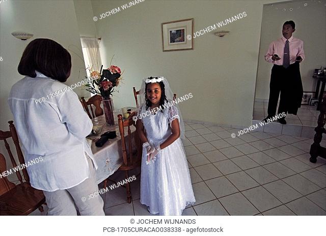 Curacao, Santa Rosa, girl preparing for her first holy communion at home