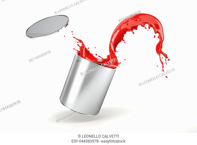 Metallic silver bucket full of vibrant red paint, jumping with vibrant red paint splashing out of it with flying lid. Isolated on white background with drop...