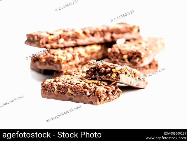 Chocolate cereal bars. Tasty protein bars isolated on white background
