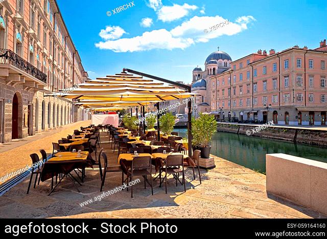 Ponte Rosso channel in Trieste italian cafe view, city in Friuli Venezia Giulia region of Italy