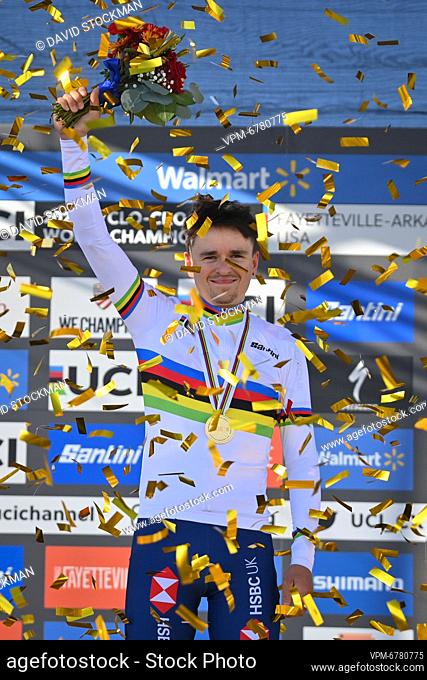 British Thomas Pidcock , winner of the gold medal celebrates on the podium of the men's elite race at the World Championship cyclocross cycling in Fayetteville