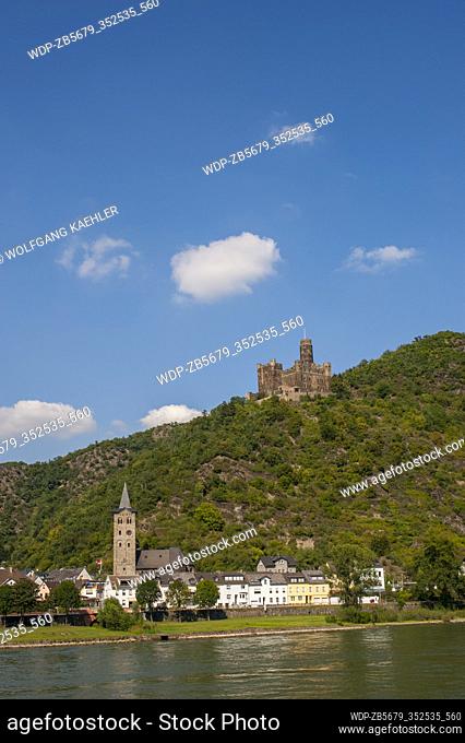 View of the town of Wellmich and the castle Maus above the Rhine River in Germany