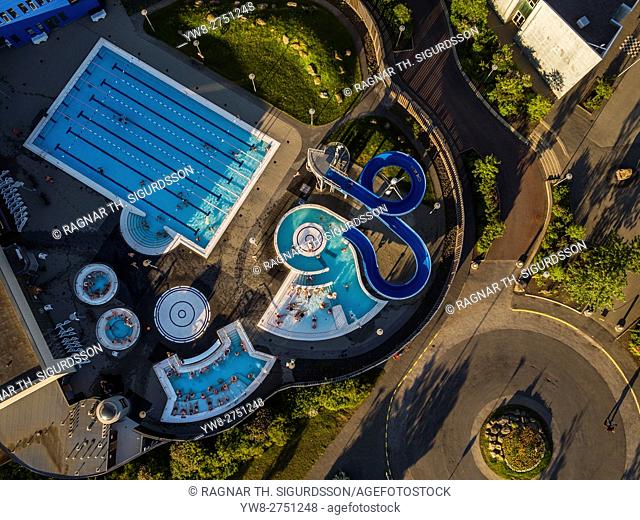 Swimming pool in Kopavogur, a suburb of Reykjavik, Iceland. This image is shot using a drone