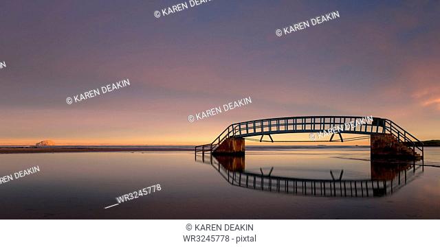 Bridge to Nowhere at sunrise, Belhaven Bay, Dunbar, East Lothian, Scotland, United Kingdom, Europe