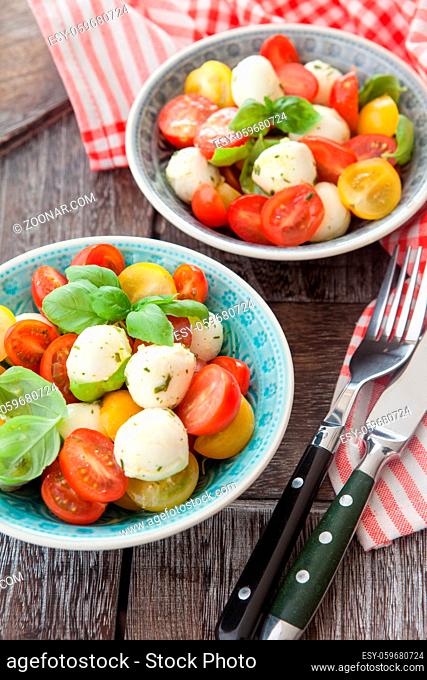 Bunter Salat mit Tomate, Mozzarella und frischem Basilikum
