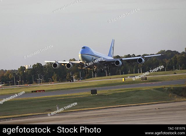 Air Force One arrives with President Donald J. Trump at the North Carolina Air National Guard 145th Airlift Wing on October 21, 2020 in Charlotte