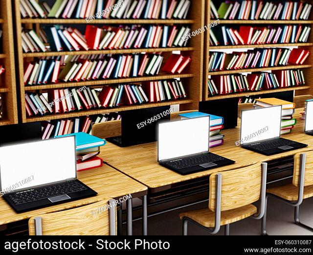 Laptop computers with blank screens standing on table inside a library