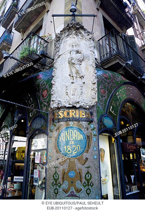 Art Nouveau tiled facade of the Escriba pastry shop on La Rambla in the Old Town district