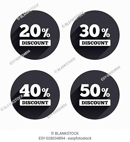 Sale discount icons. Special offer price signs. 20, 30, 40 and 50 percent off reduction symbols. Circles buttons with long flat shadow. Vector