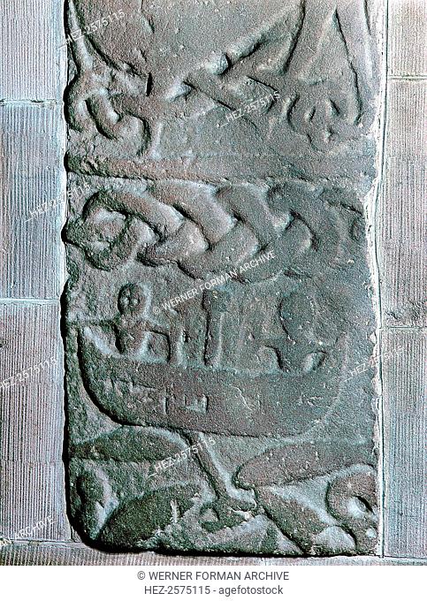 Relief sculpture of Scandinavian origin from the Gosforth churchyard, depicts Thor fishing with the giant Hymir. Country of Origin: England