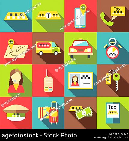 Taxi service icons set. Flat illustration of 16 taxi service vector icons for web