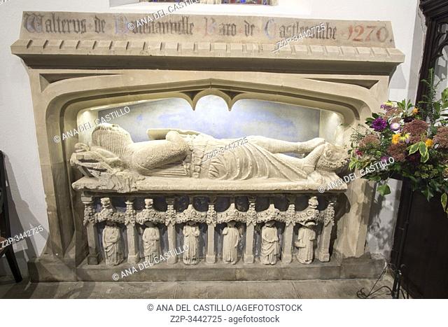 CASTLE COMBE WILTSHIRE ENGLAND ON OCTOBER 14, 2019: Its one of the UK's prettiest villages. The parish church St Andrew interior. Medieval tomb