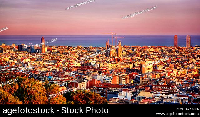 Barcelona City View at sunset in Spain