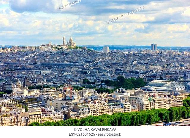 View of Paris, the hill Montmartre and the Sacre Coeur Basilica
