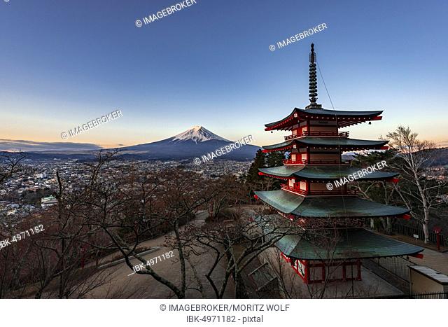 Five-story pagoda, Chureito Pagoda, with views over Fujiyoshida City and Mount Fuji volcano at sunset, Yamanashi Prefecture, Japan, Asia