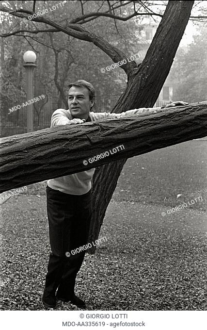 Giorgio Albertazzi in a park. The Italian actor Giorgio Albertazzi leaning on the trunk of a tree in a park. 1965