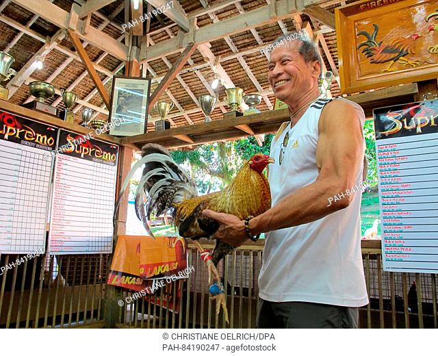 FILE - Leandro Biboy Enriquez holding up a rooster on his Firebird breeding farm for fighting cocks in Tanay, Philippines, 26 April 2016
