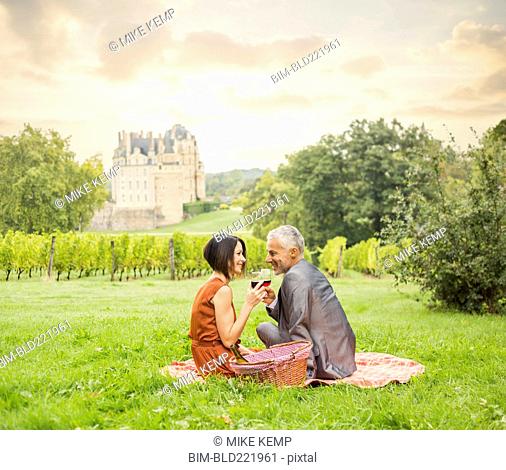 Caucasian couple enjoying wine at picnic
