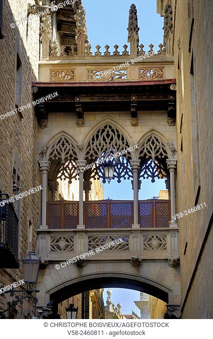 Neo-Gothic style bridge, Carrer del Bisbe Irurita, Gothic Quarter, Barcelona, Catalonia, Spain