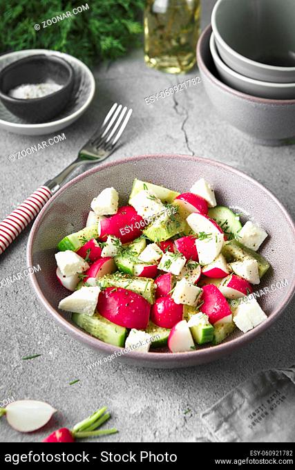 Radish, cucumber, kiwi, cheese and dill salad in a bowl on gray grunge concrete background. Seasonal Cooking, food styling. Raw foods concept