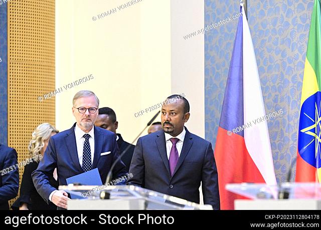 Czech Prime Minister Petr Fiala (ODS), left, receives Prime Minister of Ethiopia Abiy Ahmed in Prague, Czech Republic, November 28, 2023