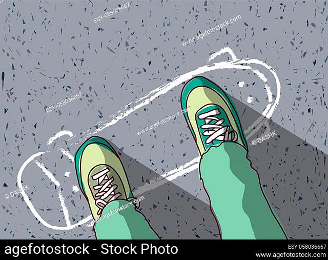 skateboard painted on pavement and man feet top view. Color vector illustration. EPS8